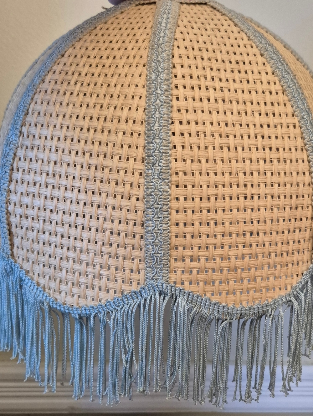 Vintage L'Essor Parisian Cane /Wicker Bell Shaped Light Shade With Blue Fringe